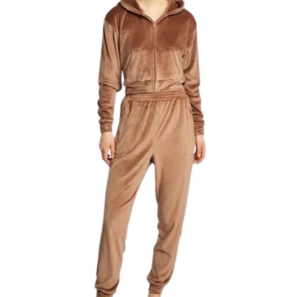 SKIMS Velour Cropped High Waist Tracksuit Set In Sienna Tan Brown Size Medium